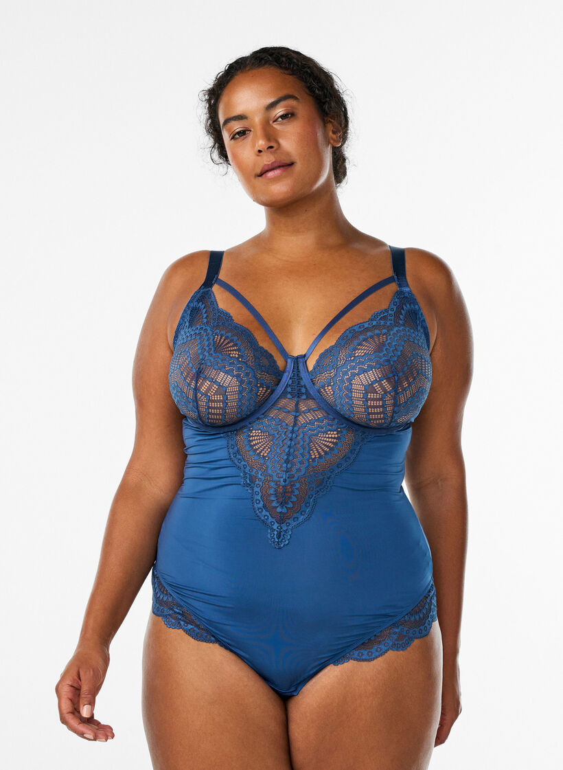 Body i spets med bygel och banddetaljer, Bl&aring;, Model image number 0