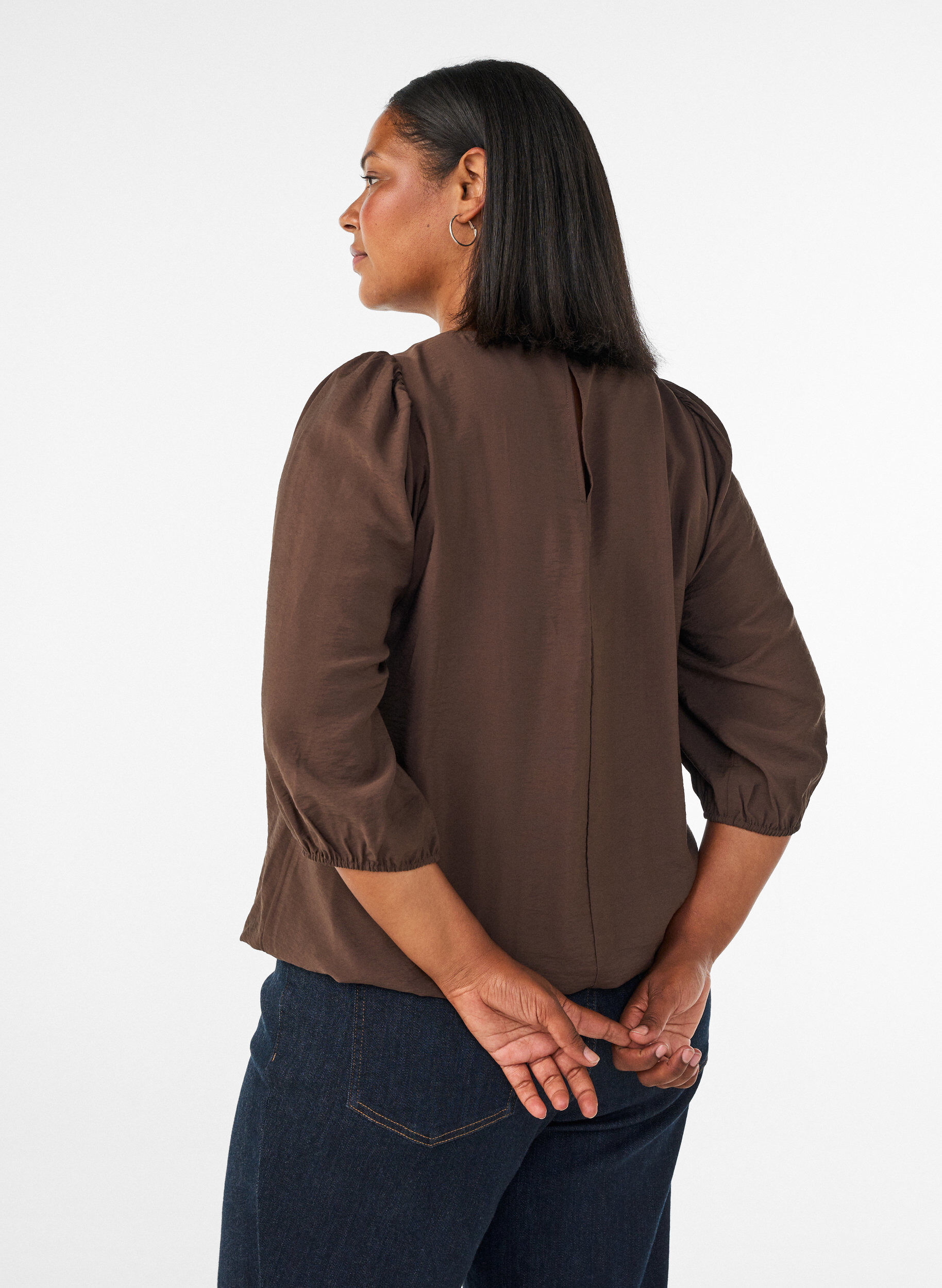 ZizziBlus med 3/4-&auml;rm och spetsdetaljer, Brun, Model image number 2