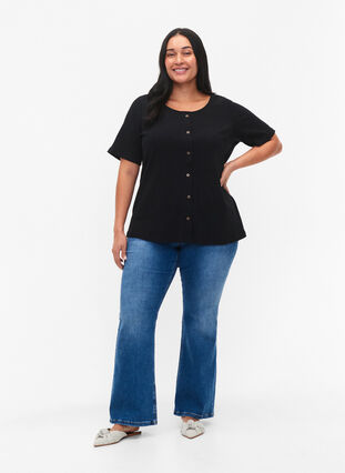 Ribbad t-shirt med knappar och korta ärmar, Black, Model image number 2