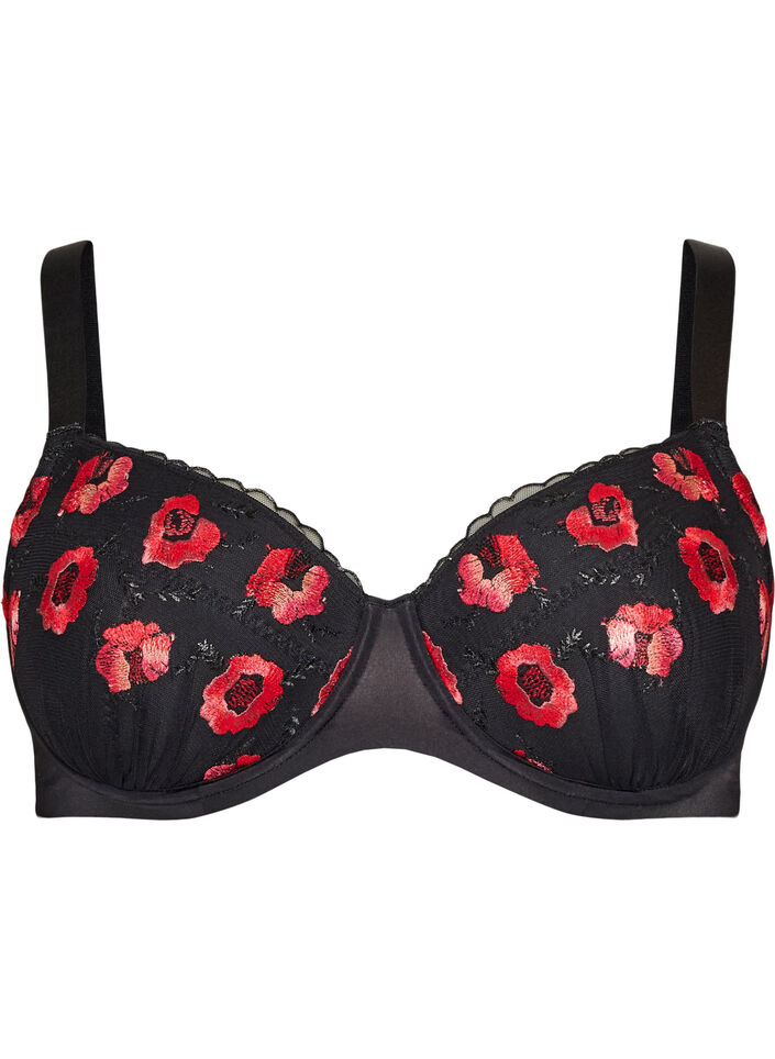 Vadderad bygel-BH med blommigt broderi, Svart, Packshot image number 0