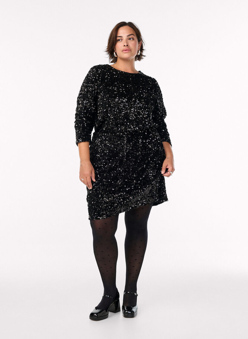 Paljettblus med långa ärmar, Svart, Model image number 1