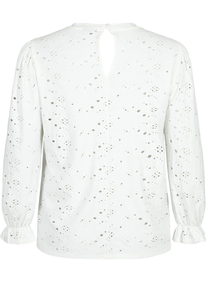 Långärmad blus med hålmönster, Bright White, Packshot image number 1