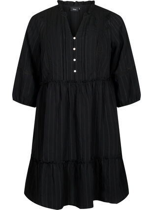 Randig klänning i viskos med spets och 3/4-ärmar, Black, Packshot image number 0