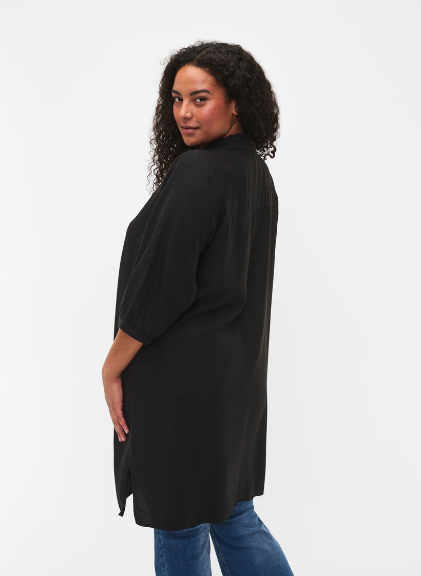 Lång skjorta i 100% lyocell (TENCEL™) med 3/4-ärmar, Black, Model image number 1