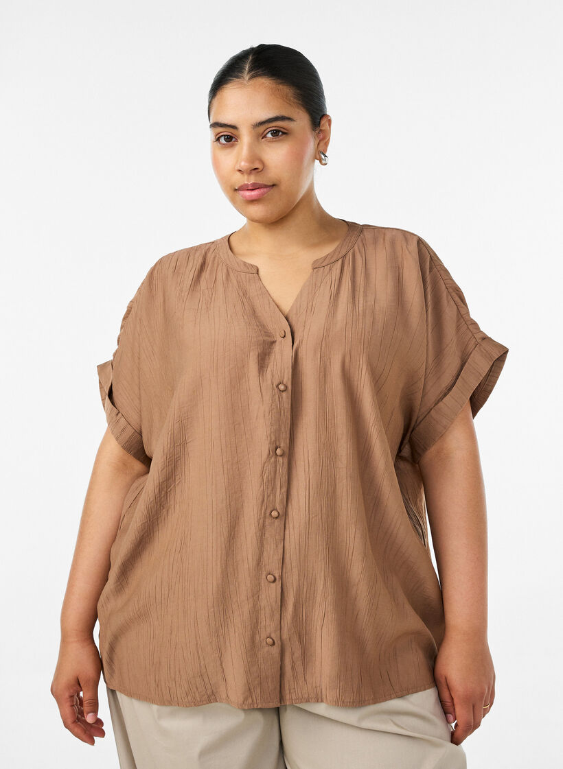 Blus i viskos med knappar och struktur, Brun, Model image number 0