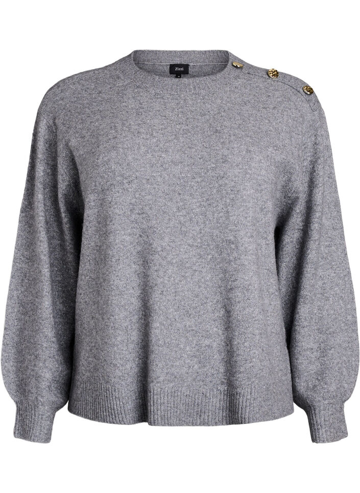 Stickad blus med knappdetalj, Gr&aring;, Packshot image number 0
