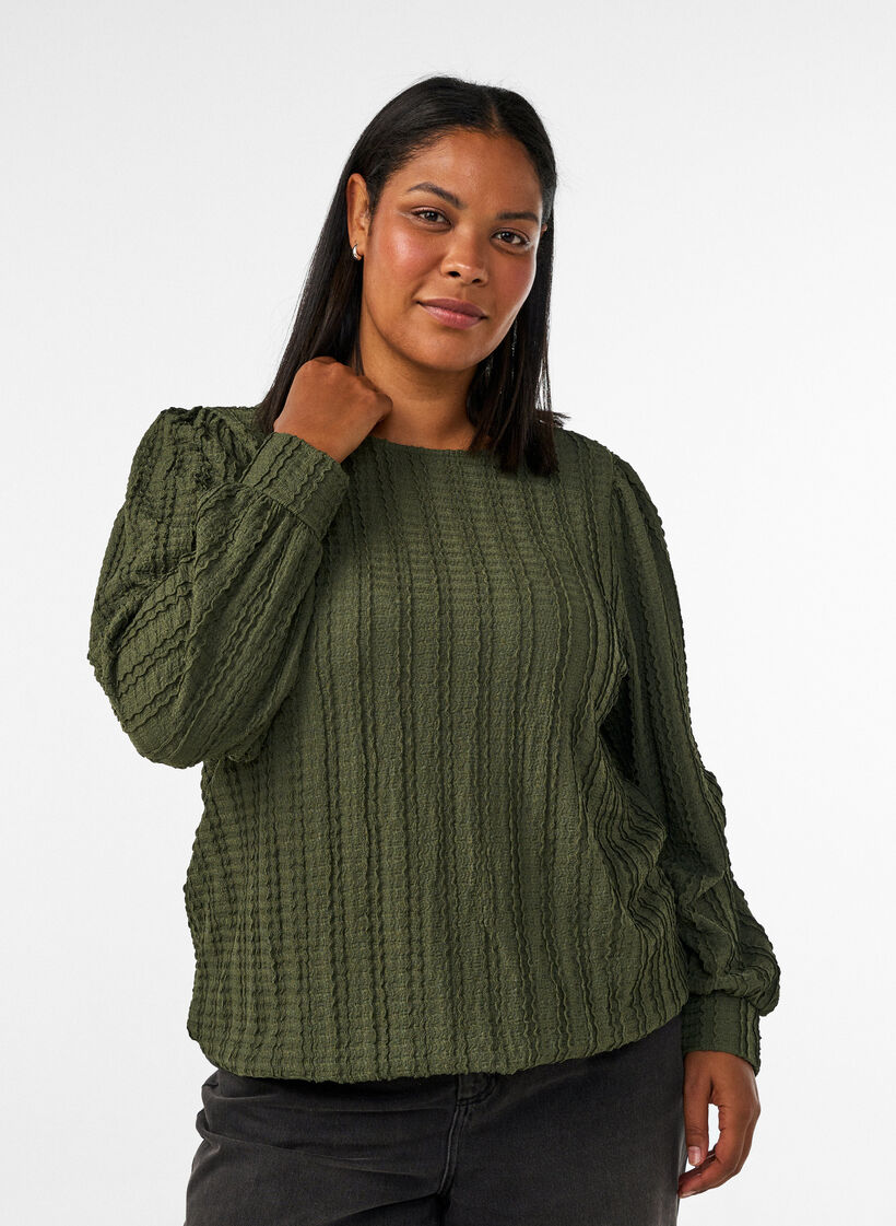 Jerseyblus med struktur och ballongsilhuett, Gr&ouml;n, Model image number 0