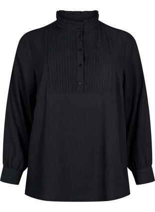 Långärmad blus med ruffelkrage, Black, Packshot image number 0