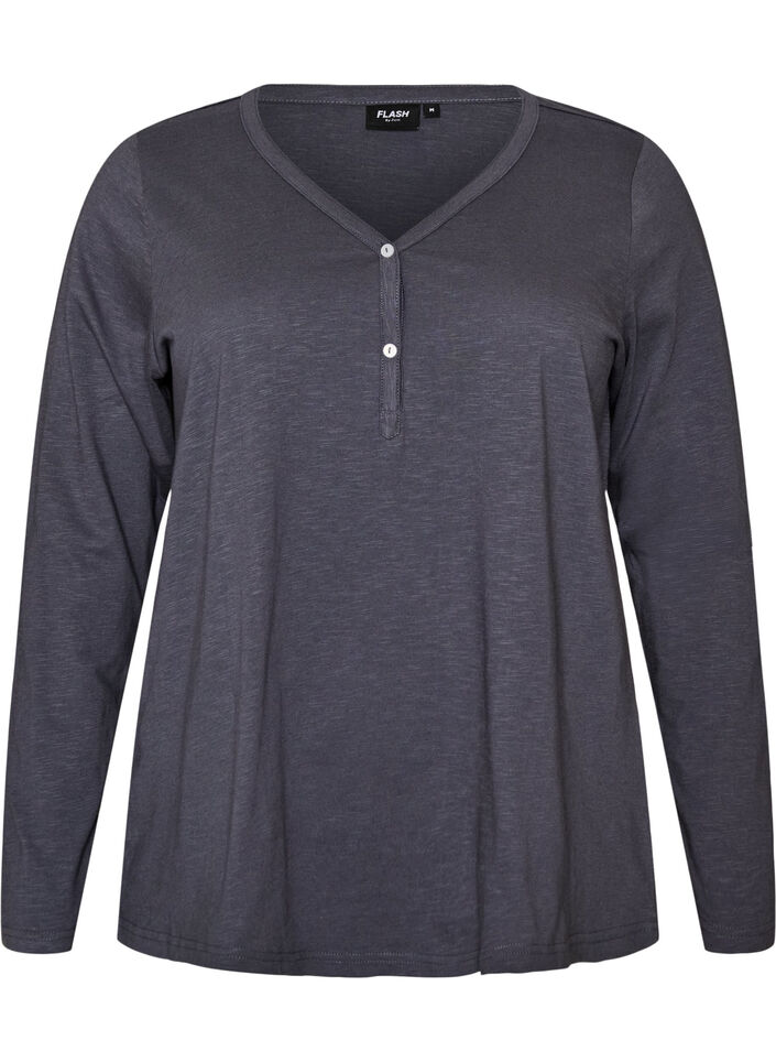 L&aring;ng&auml;rmad t-shirt med v-ringning och knappar, Bl&aring;, Packshot image number 0