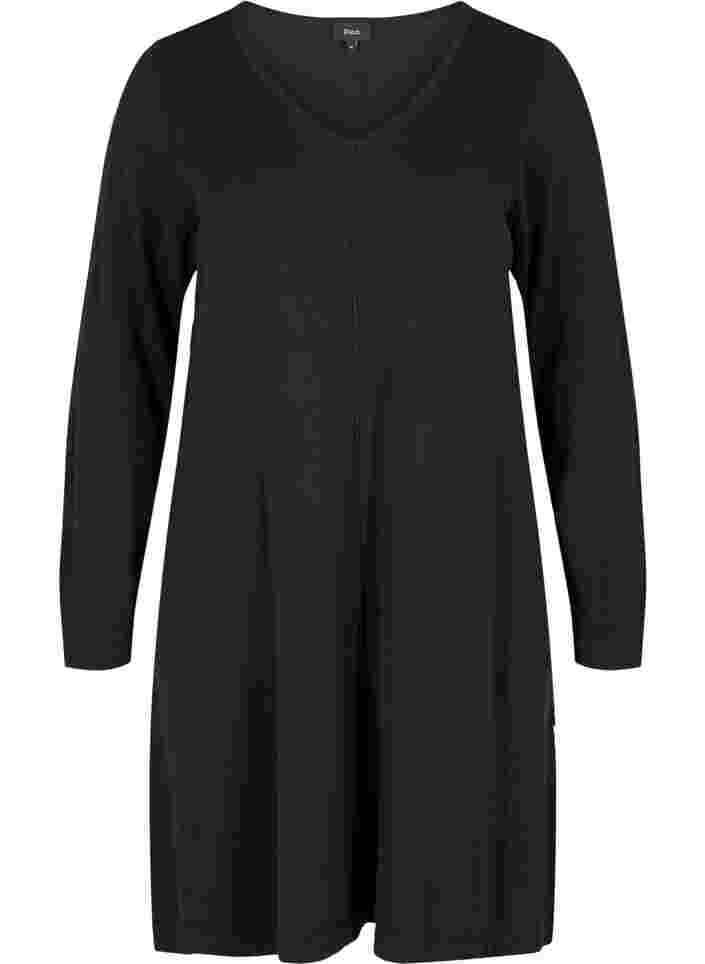 Stickad klänning i bomullsblandning med V-ringad hals, Black, Packshot image number 0