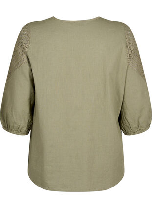 Blus i bomullsblandning med linne och virkade detaljer, Deep Lichen Green, Packshot image number 1