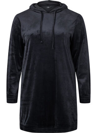 Sweatshirtklänning i velour med huva, Black, Packshot image number 0
