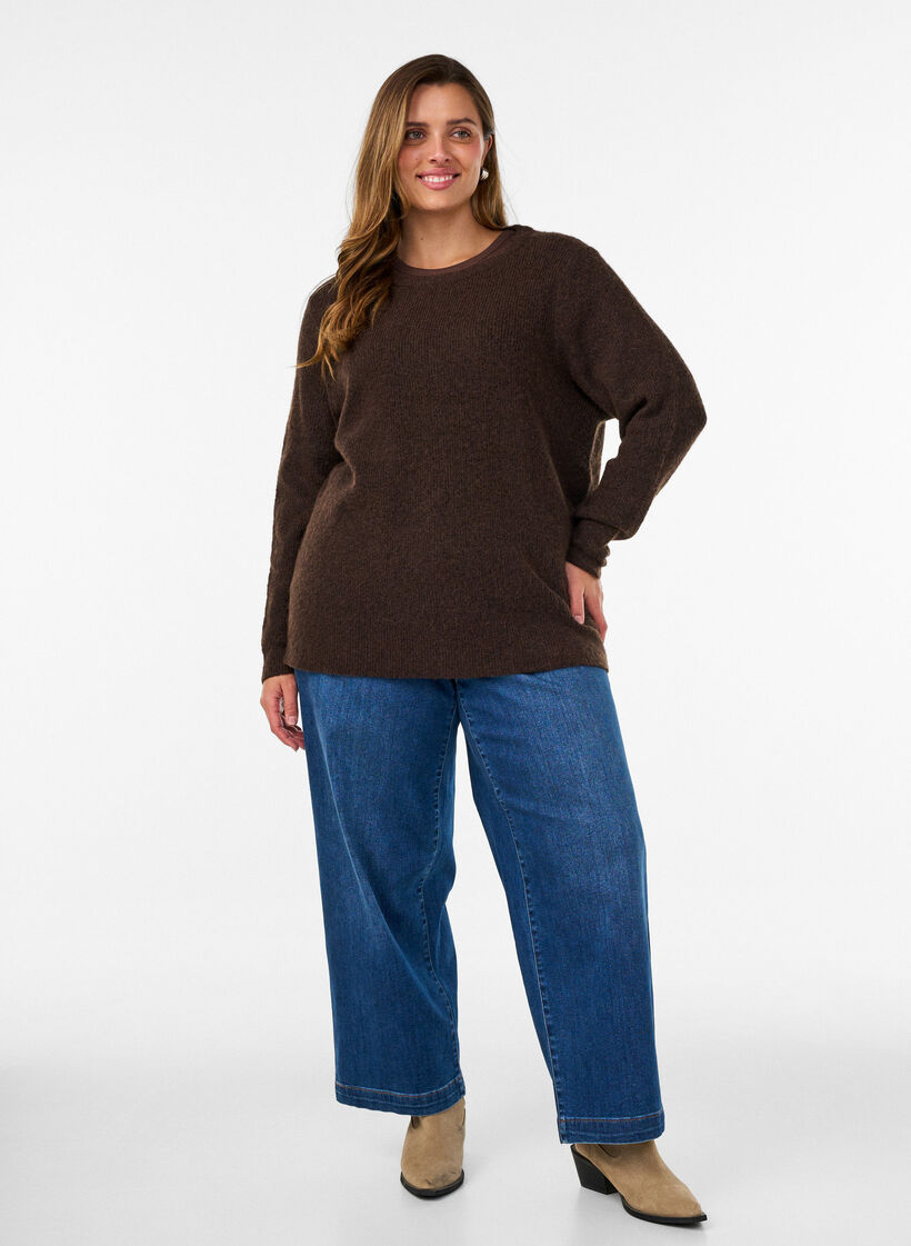 Melerad stickad blus med rund halsringning, Brun, Model image number 1