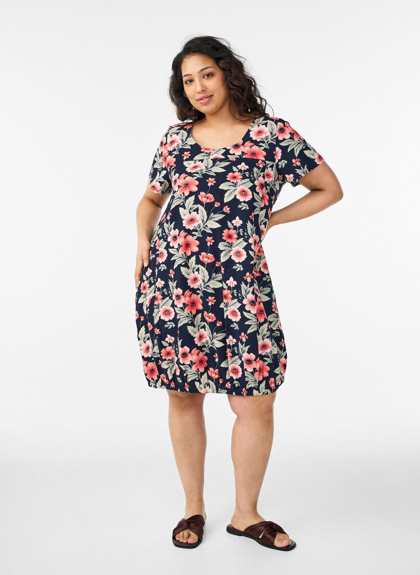 Kort&auml;rmad bomullskl&auml;nning med tryck, Bl&aring;, Model image number 1