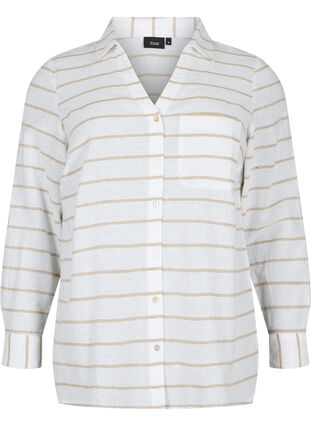 Skjortblus med knappstängning i bomull-linblandning, White Taupe Stripe, Packshot image number 0