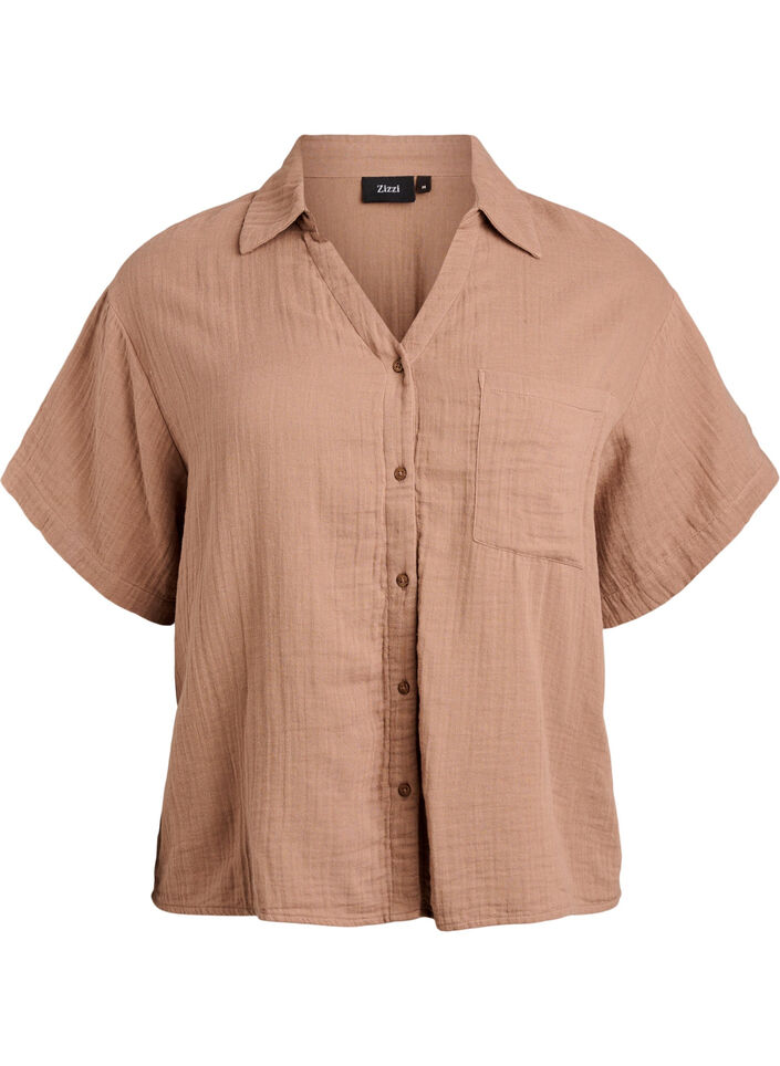 Blus i bomullsmuslin med korta &auml;rmar, Brun, Packshot image number 0