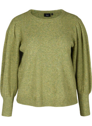 Melerad stickad tröja med puffärmar, Green Olive Mel., Packshot image number 0