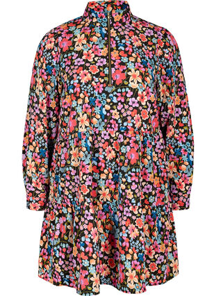 Blommig tunika med långa ärmar och dragkedja, Flower AOP, Packshot image number 0