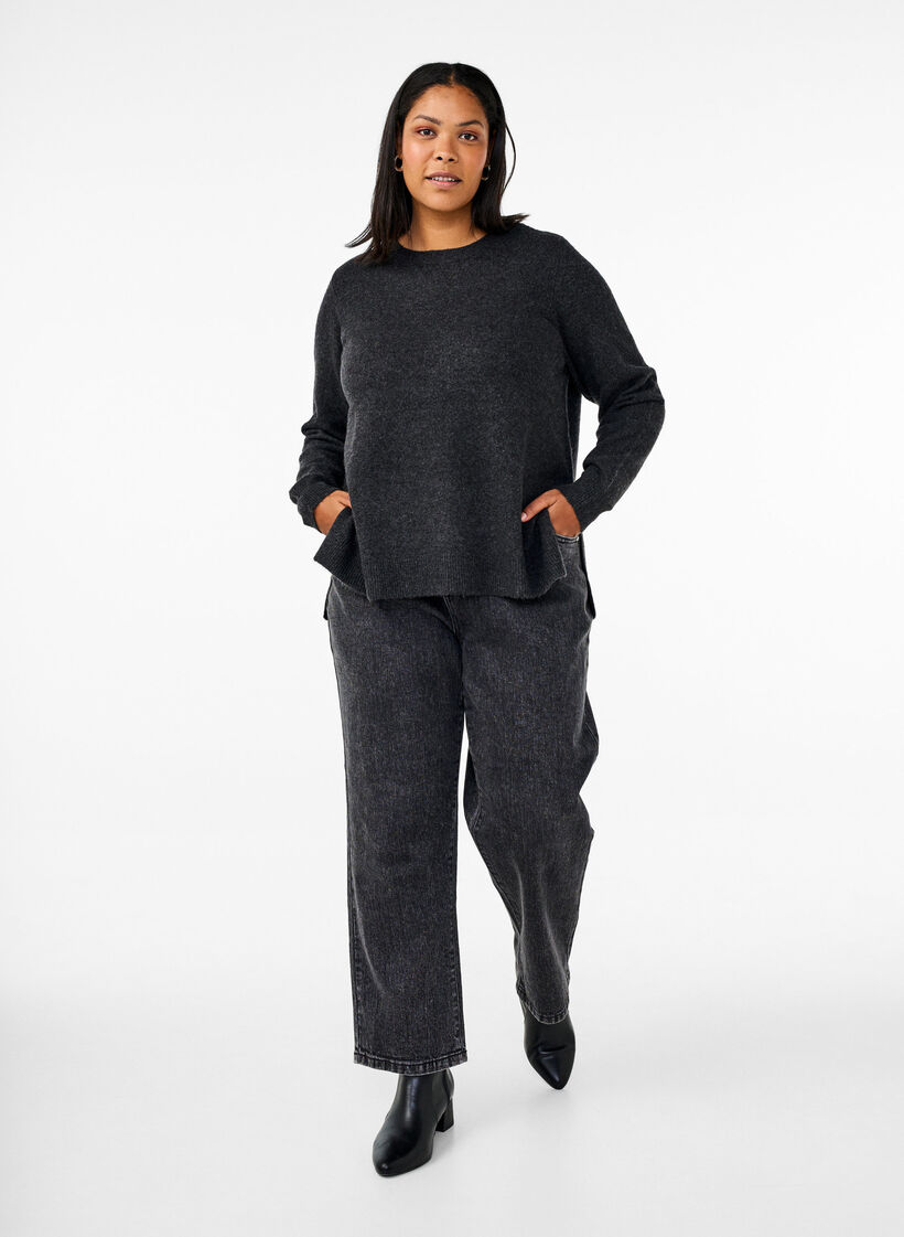 Stickad topp i ull med slitsar, Dark Grey Melange, Model image number 2