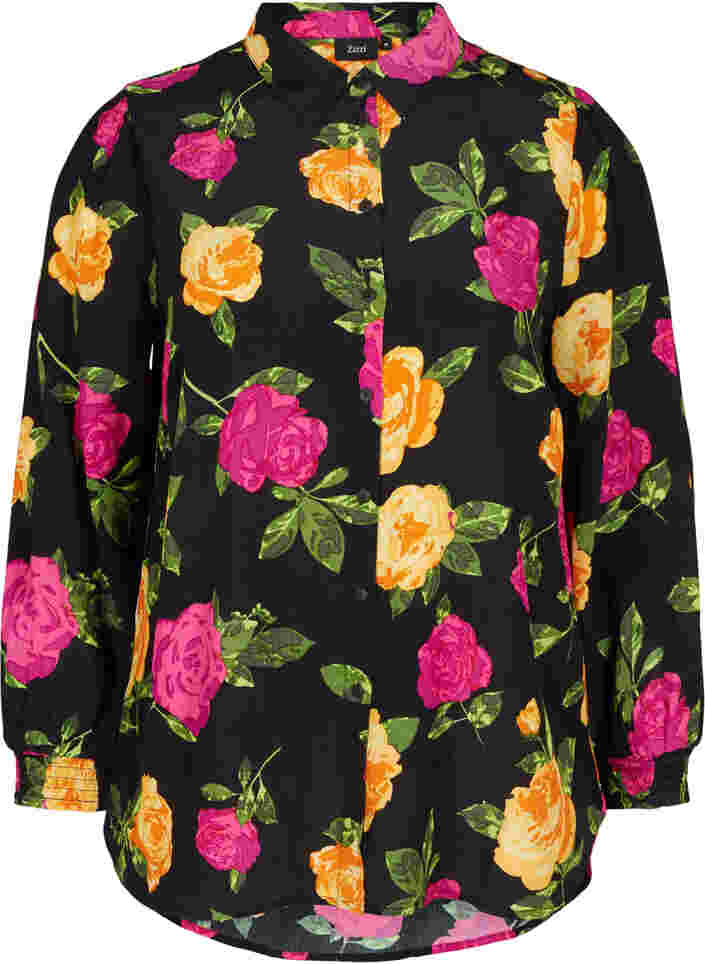 Blommig viskosskjorta med smock, Black Flower AOP, Packshot image number 0