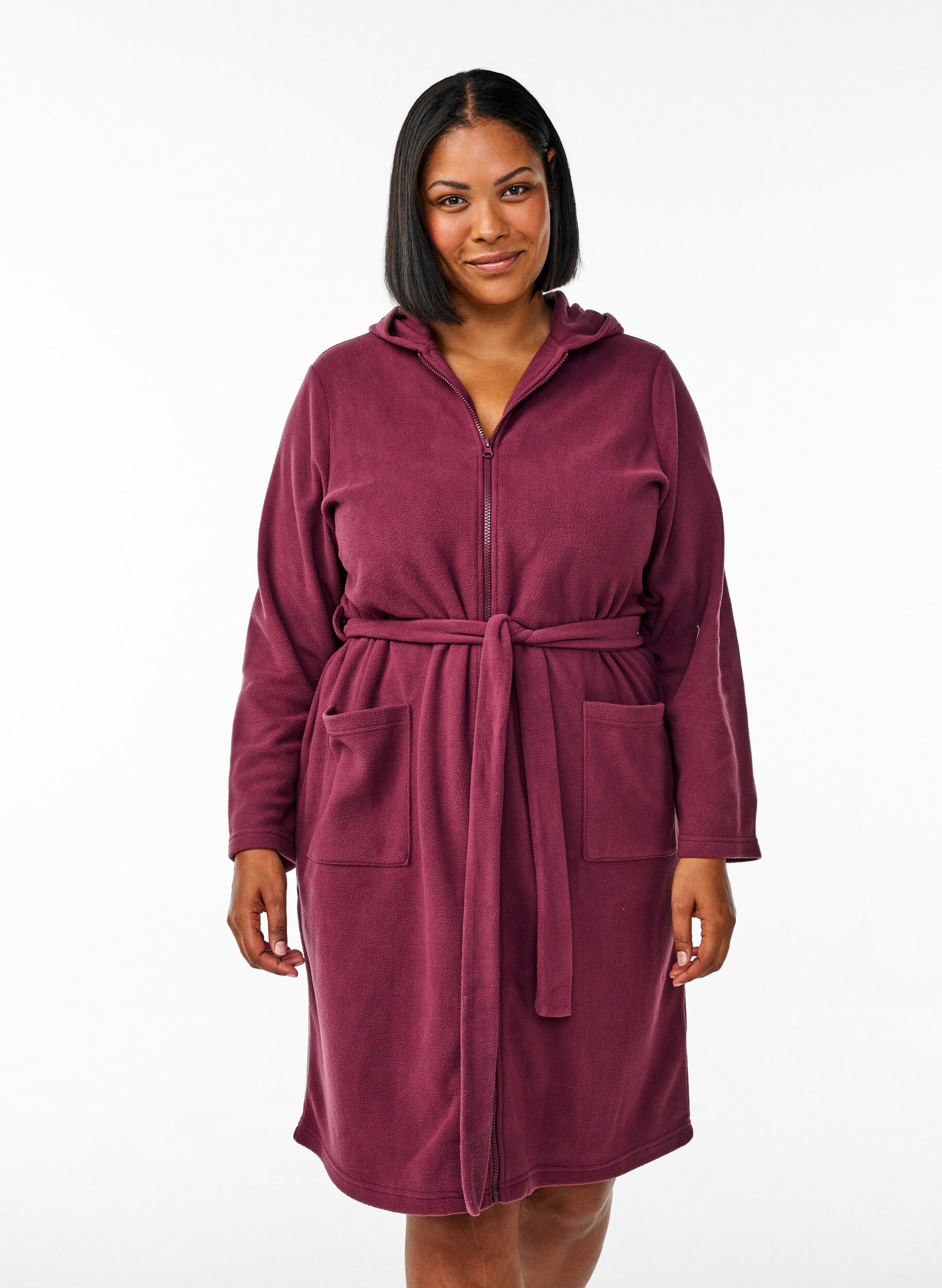 Zizzi Morgonrock med dragkedja och huva, M&ouml;rk Bordeaux, Model image number 0