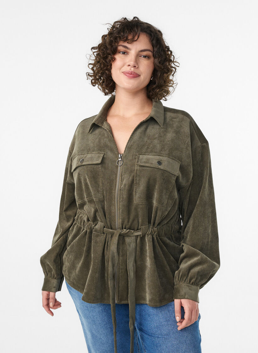 Skjortjacka i manchester med knytskärp och fickor, Grön, Model image number 0