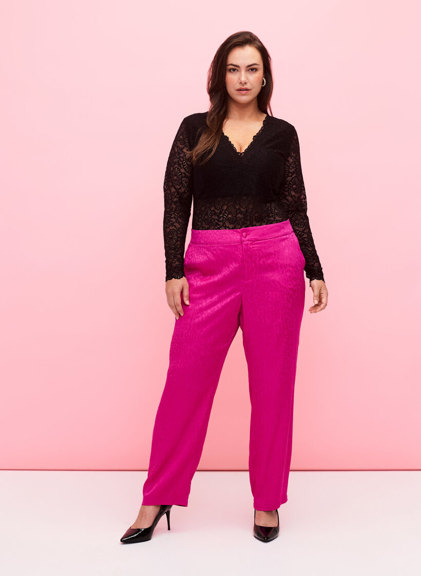 Långärmad spets-body med v-ringning, Black, Model image number 2