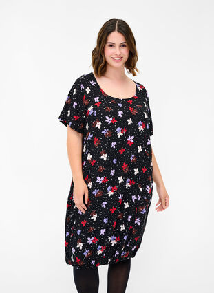 Kortärmad viskosklänning med mönster, Black Dot Flower, Model image number 0