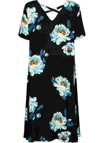 Blommig klänning i viskos med korta ärmar, Black Big Flower, Packshot image number 1
