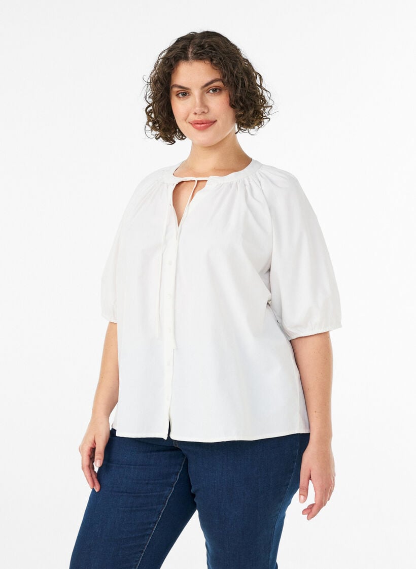 Skjortblus med kn&auml;ppning och knytsk&auml;rp, Vit, Model image number 0