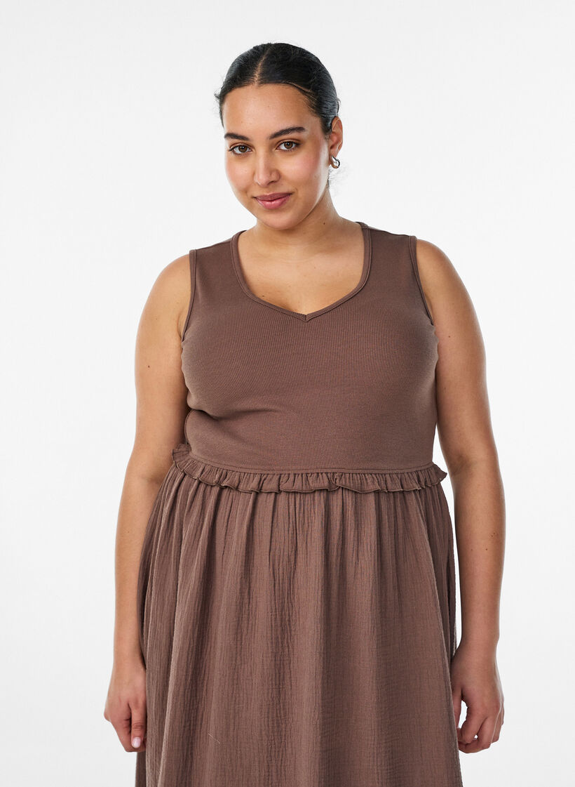 &Auml;rml&ouml;s midikl&auml;nning i bomull med ribb och muslin, Brun, Model image number 0