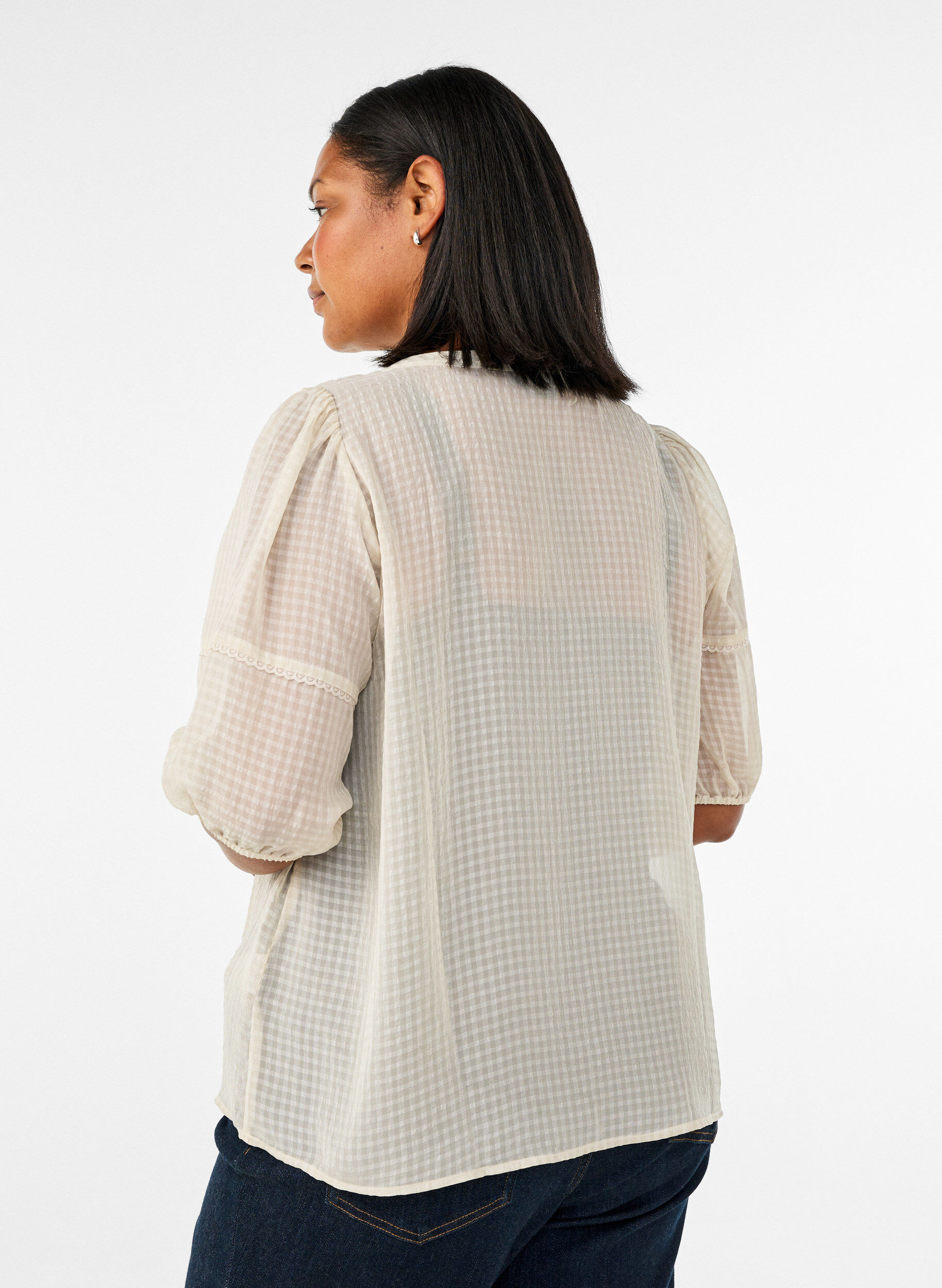 ZizziBlus i seersucker med knytband, Beige, Model image number 2