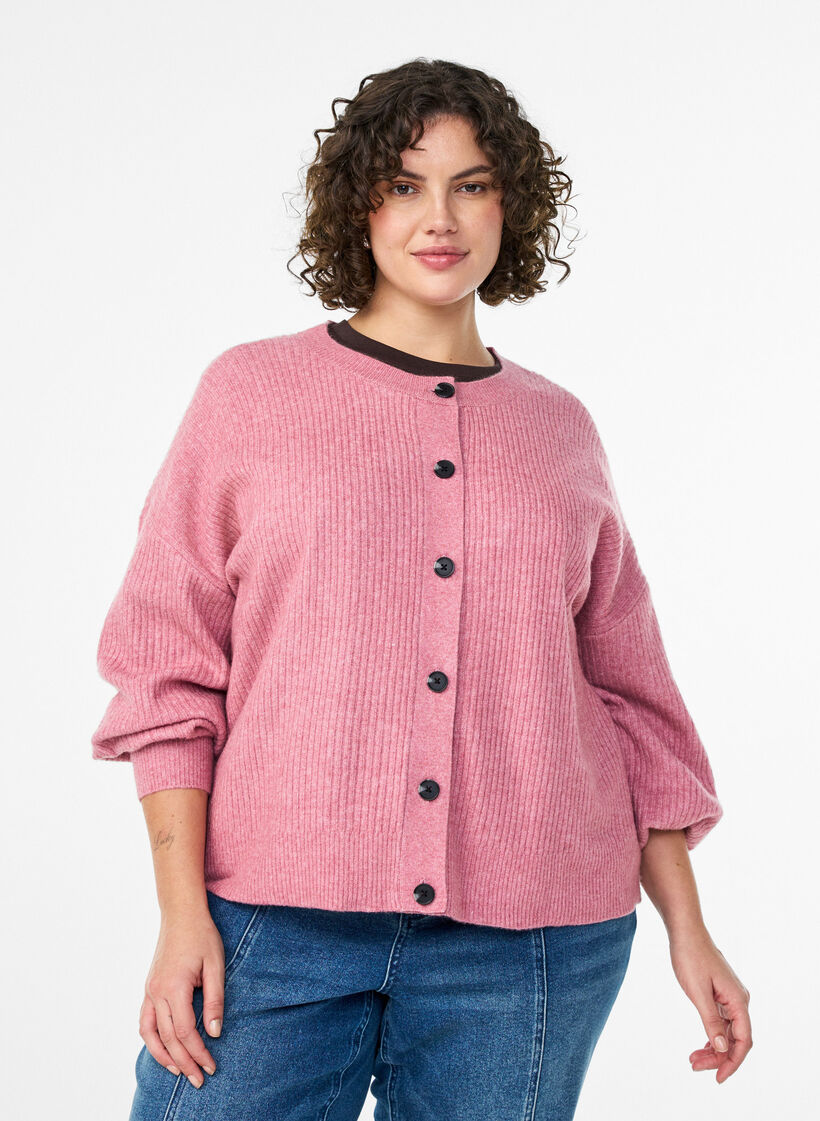 Ribbstickad kofta med knappar, Rosa, Model image number 0