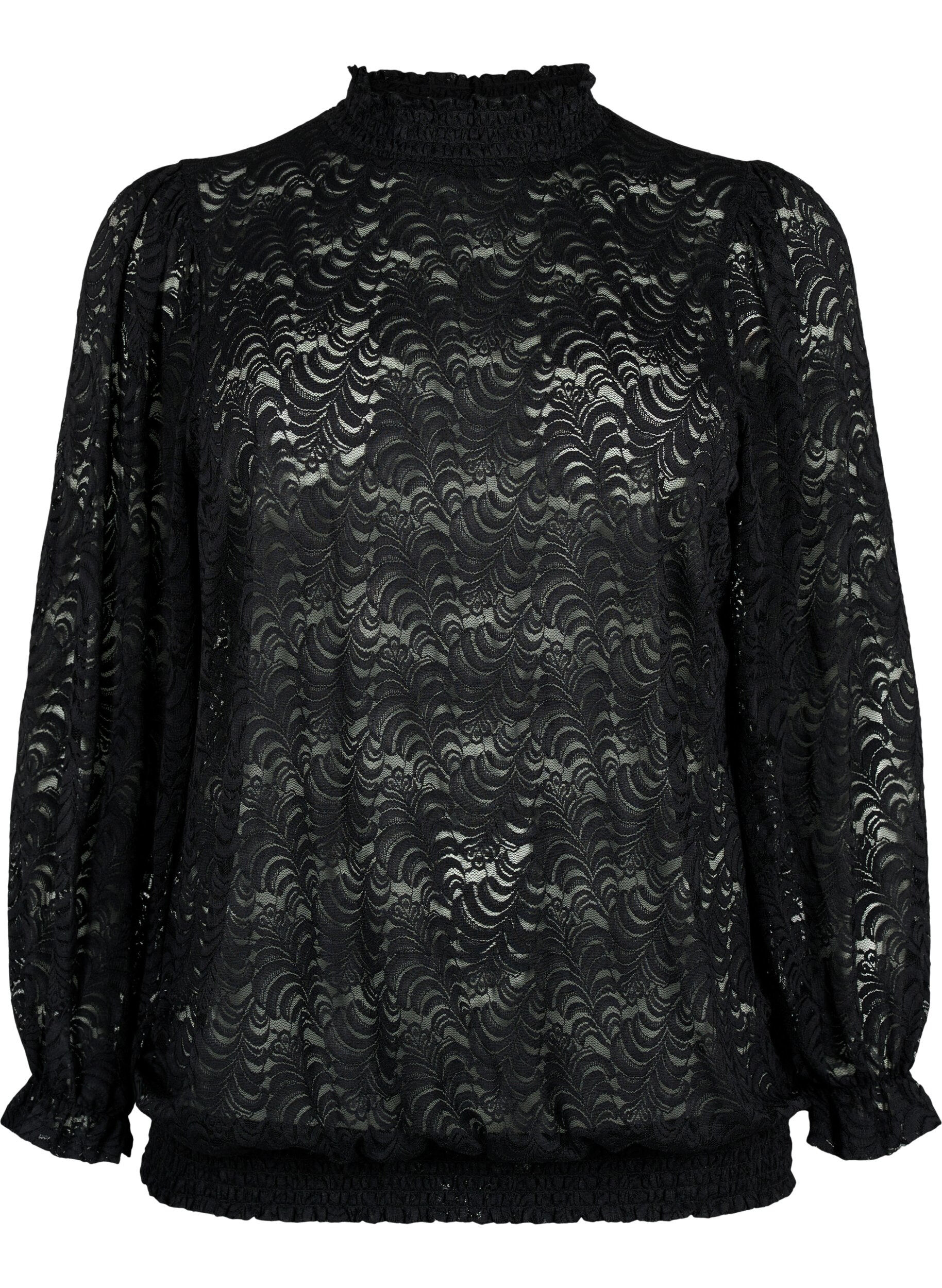 Zizzi L&aring;ng&auml;rmad spetsblus med smock, Black, Packshot image number 0