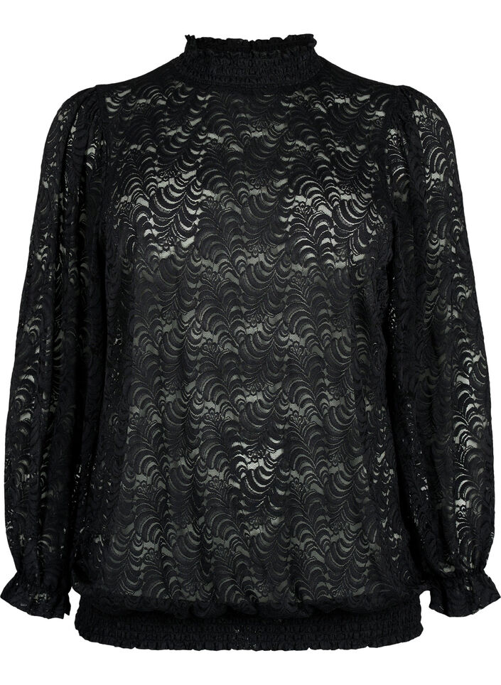 Långärmad spetsblus med smock, Black, Packshot image number 0