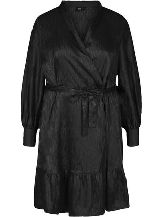 Mönstrad omlottklänning med korta ärmar, Black, Packshot image number 0