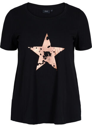 Kortärmad bomulls t-shirt med tryck, Black w. star copper, Packshot image number 0