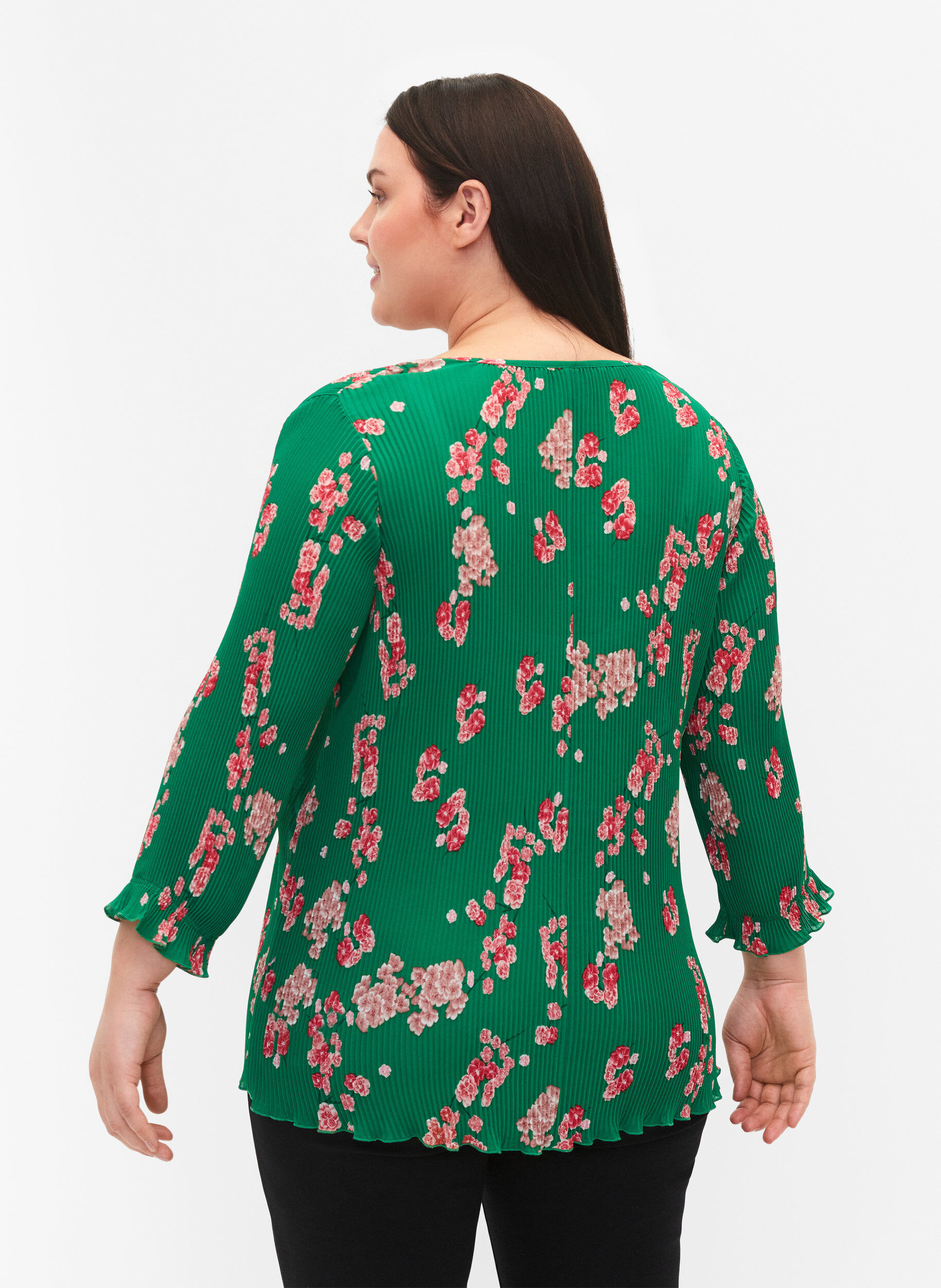 Zizzi Plisserad blus med 3/4-&auml;rmar, Jolly Green Flower, Model image number 1