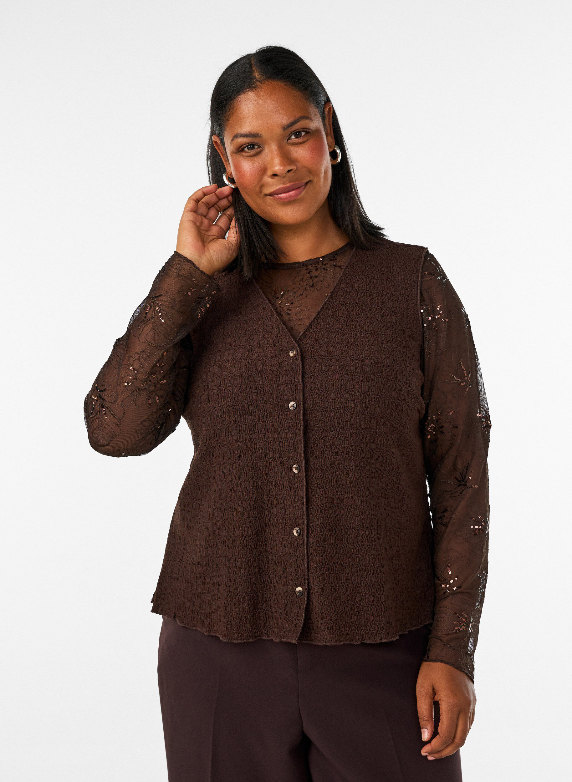 ZizziBlus i mesh med blommor och paljetter, Brun, Model image number 0