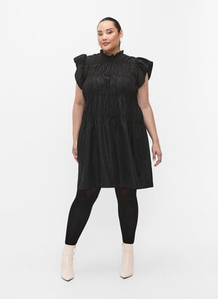 Klänning med volanger och elastiska snitt, Black, Model image number 4