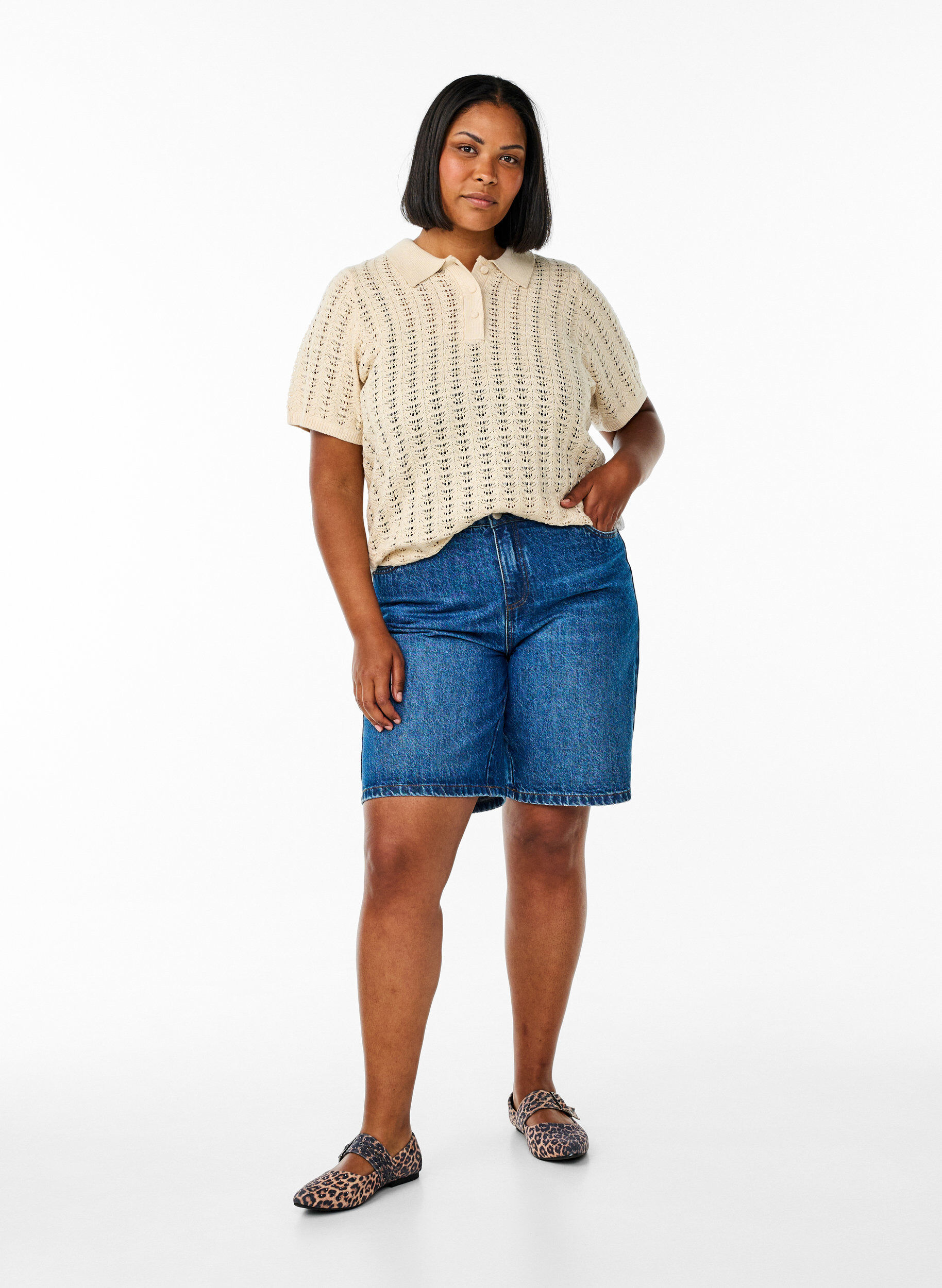 Zizzi Stickad pik&eacute;tr&ouml;ja med h&aring;lm&ouml;nster, Beige, Model image number 1