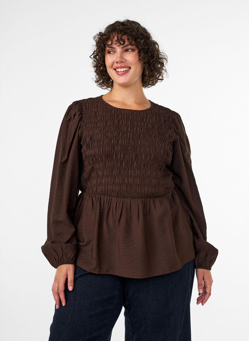 Blus med smock och l&aring;nga &auml;rmar, Brun, Model image number 0
