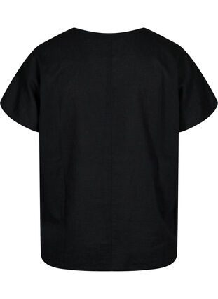 Kortärmad blus i bomullsmix med linne, Black, Packshot image number 1