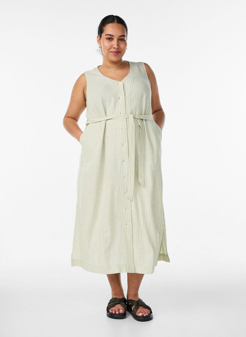 &Auml;rml&ouml;s randig midikl&auml;nning i linne och viskos, Gr&ouml;n, Model image number 0