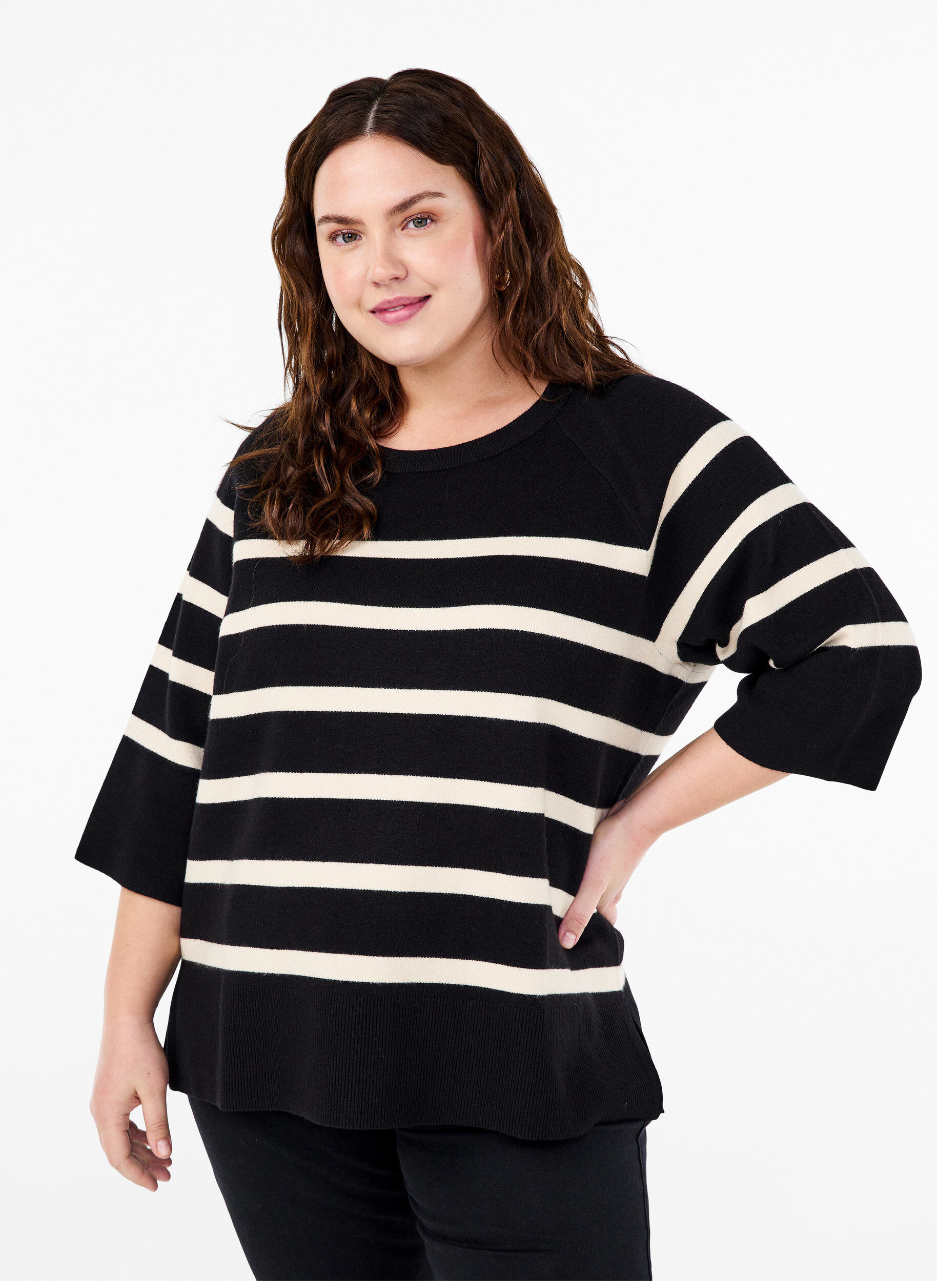 Zizzi Stickad blus med 3/4-&auml;rm och r&auml;nder, Black Birch Stripes, Model image number 0