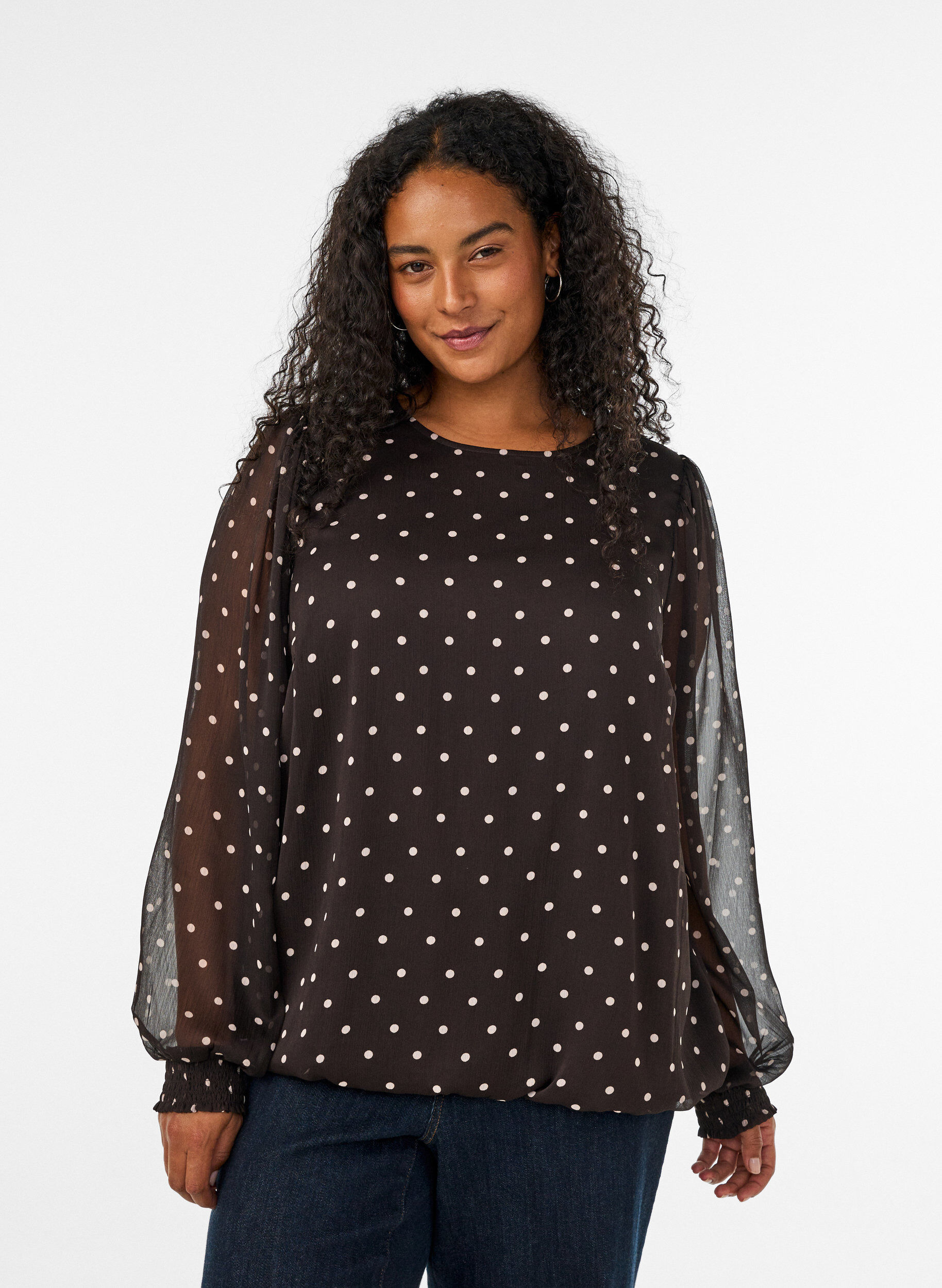 ZizziPrickig blus i chiffong med transparenta &auml;rmar, Brun, Model image number 0