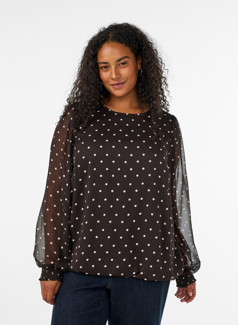 Prickig blus i chiffong med transparenta &auml;rmar, Brun, Model image number 0