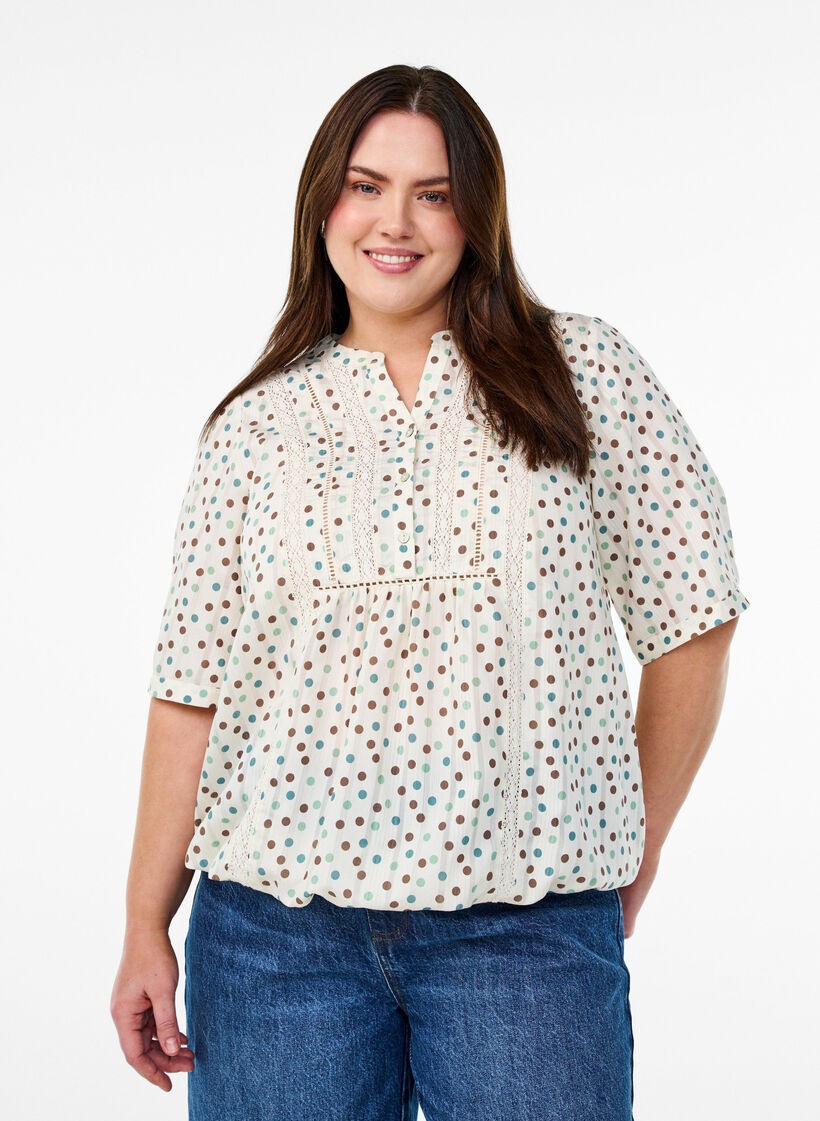 Blus med tryck och halvkorta &auml;rmar, Vit, Model image number 0