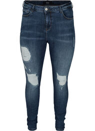 Amy jeans med hög midja och slitna detaljer, Blue denim