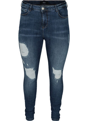 Amy jeans med hög midja och slitna detaljer, Blue denim, Packshot image number 0